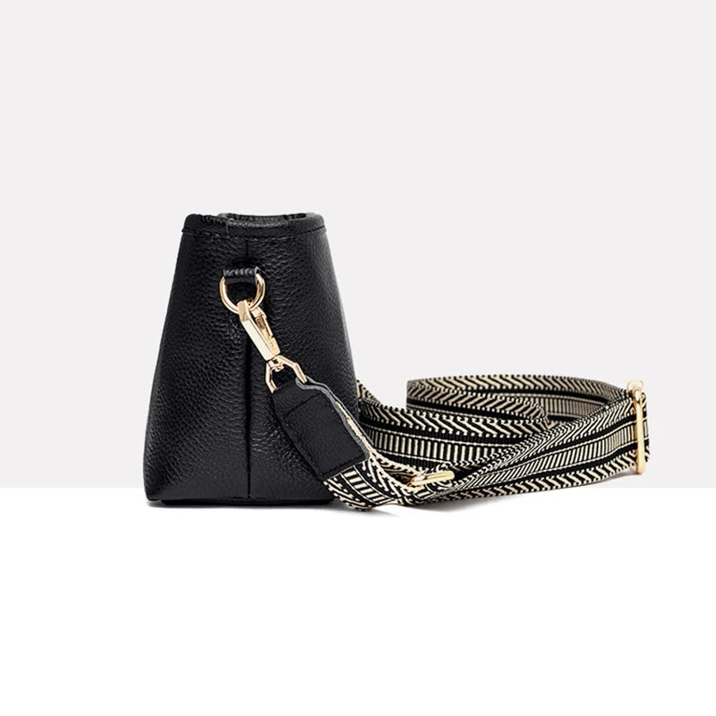 Leather Women Wide Shoulder Strap Cross-body Bag Cowhide Single Shoulder Ba