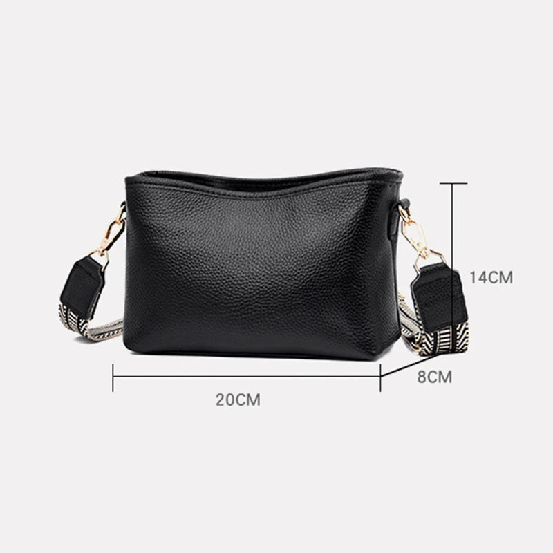 Leather Women Wide Shoulder Strap Cross-body Bag Cowhide Single Shoulder Ba