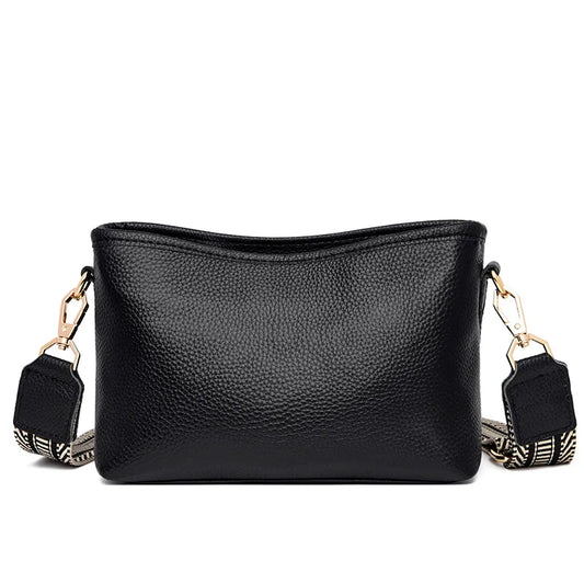 Soft Leather Women Handbag Wide Strap Shoulder Bag Purse