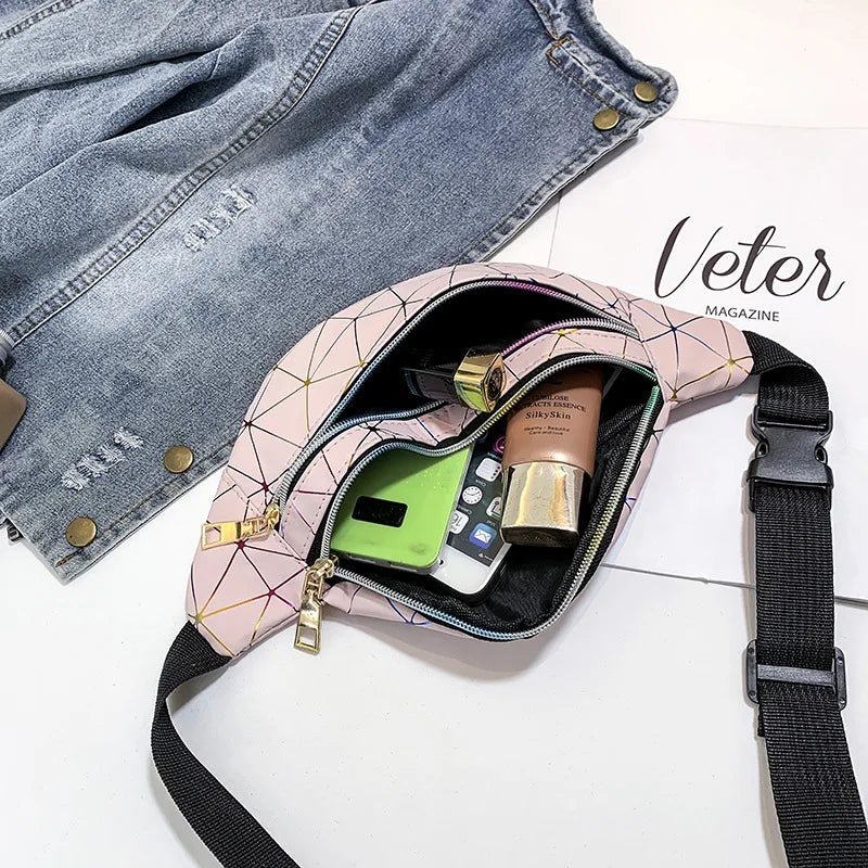 Geometric Pattern Waist Bag PU Artificial Leather Splicing Belt Bag
