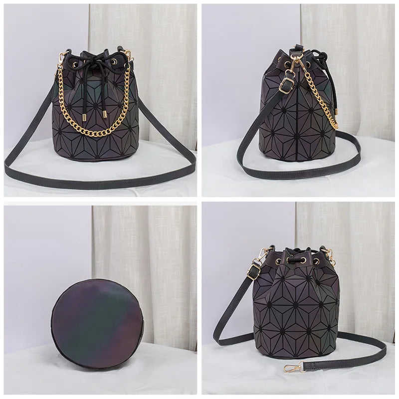 Geometric Reflective Luminous Bucket Bag Drawstring Crossbody Shoulder Bags