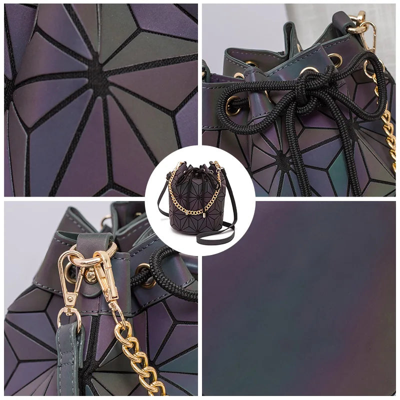 Geometric Reflective Luminous Bucket Bag Drawstring Crossbody Shoulder Bags
