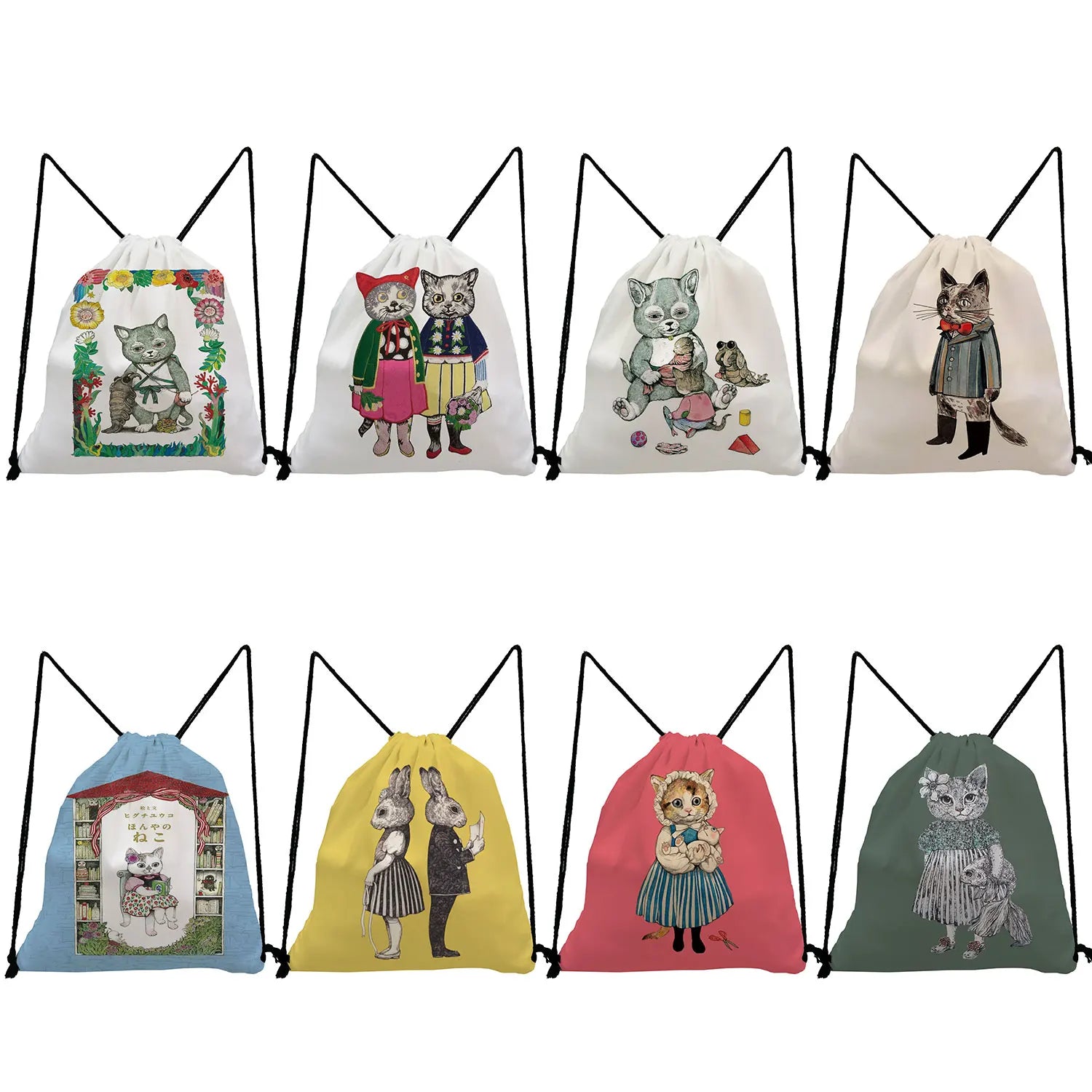 Cat Girl Print Backpack Japanese Style Drawstring Pocket Softback Bag