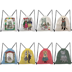Cat Girl Print Backpack Japanese Style Drawstring Pocket Softback Bag