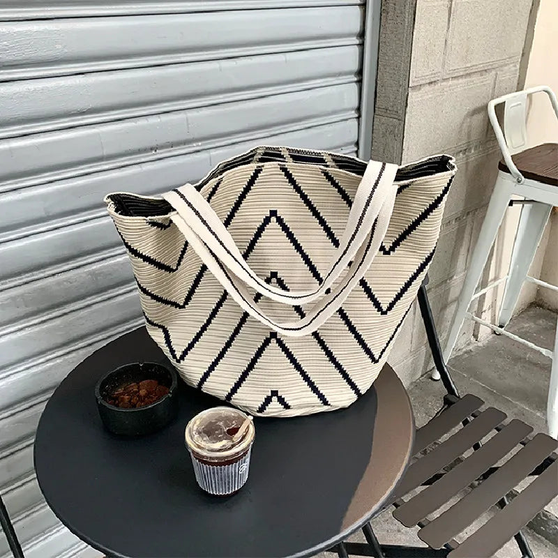 Cotton Woven Tote Bag for Women Casual Knitted Shoulder Bag Large Capacity