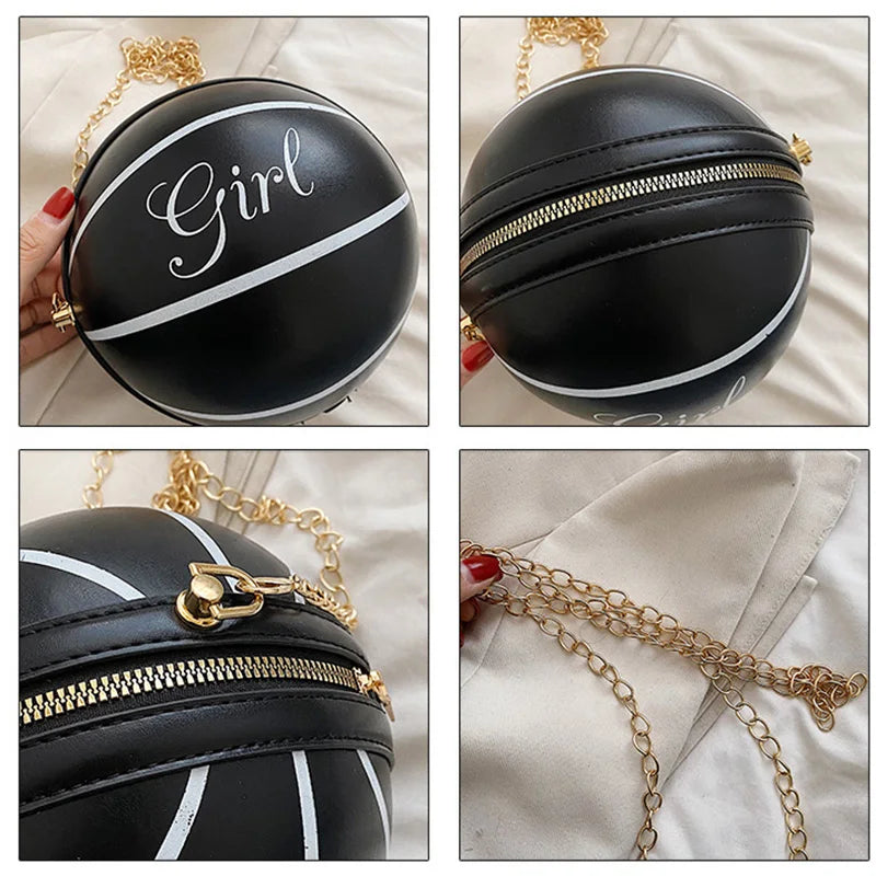 Girl Basketball Round PU Leather Handbag - Chain Shoulder Messenger Bag