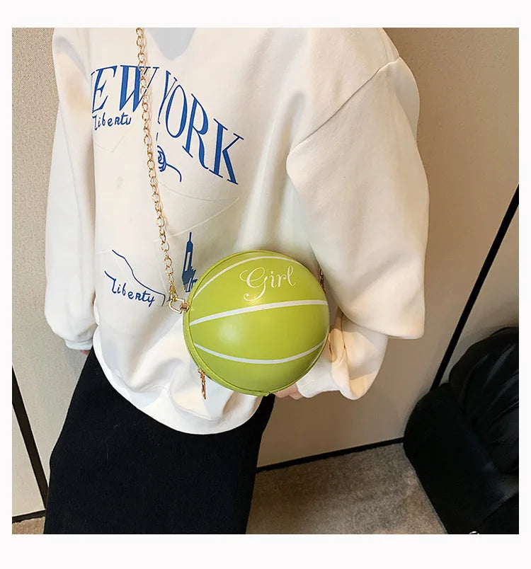 Girl Basketball Round PU Leather Handbag - Chain Shoulder Messenger Bag