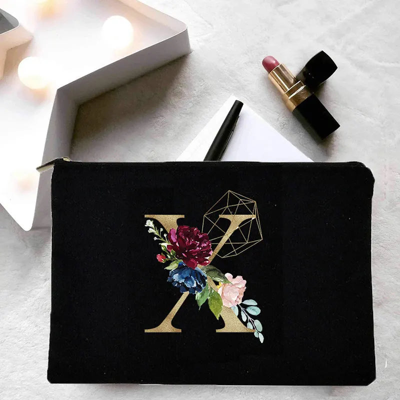 Girl Cosmetic Bag Golden Flower Letter Pattern Storage Organizer Bags Korea