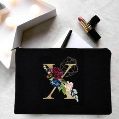 Girl Cosmetic Bag Golden Flower Letter Pattern Storage Organizer Bags Korea