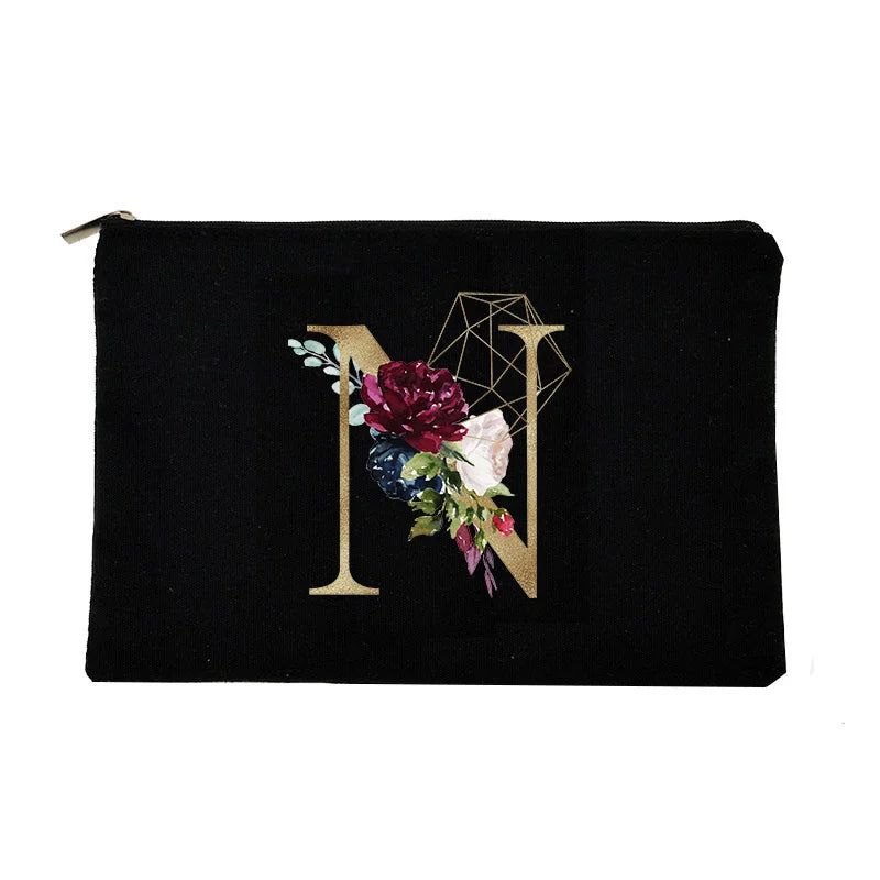 Girl Cosmetic Bag Golden Flower Letter Pattern Storage Organizer Bags Korea