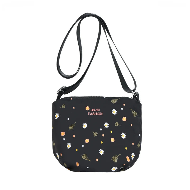 Flower Print Small Shoulder Bag Lightweight Nylon Crossbody Purse