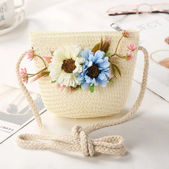 Girl's Floral Rattan Crossbody Bag Mini Shoulder Bag