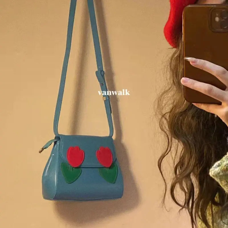 Girls Bag Sweet Vintage PU FLAP Solid Hasp Soft Flower Shoulder Bag
