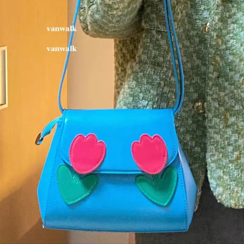 Girls Bag Sweet Vintage PU FLAP Solid Hasp Soft Flower Shoulder Bag