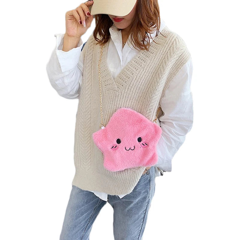 Girls Cartoon Crossbody Bag Plush Shoulder Purse with Metal Chain Strap