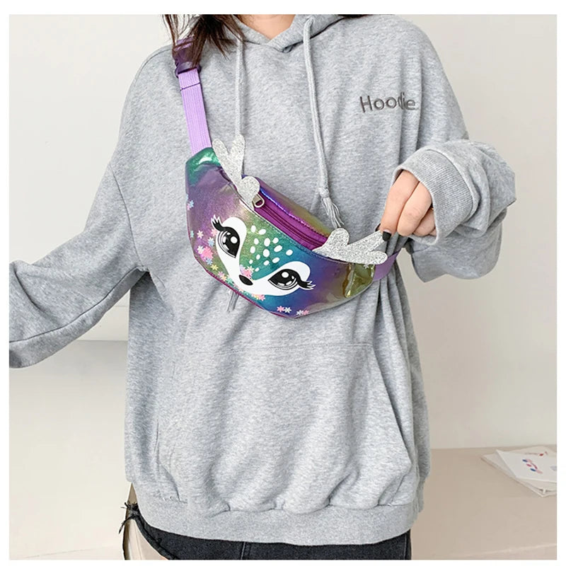 Girls Cartoon Sequins Waist Bag Waterproof PVC Small Deer Belt Crossbody