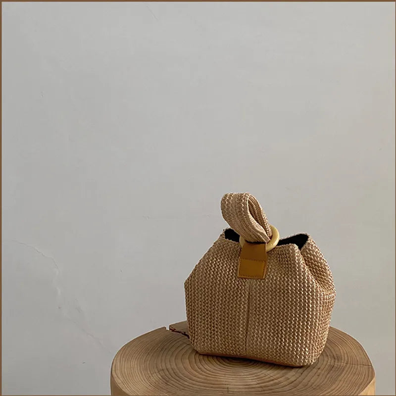 Women's Straw Woven Bag Metal Chain Shoulder Bag