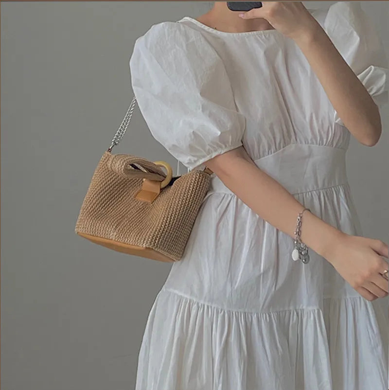 Women's Straw Woven Bag Metal Chain Shoulder Bag
