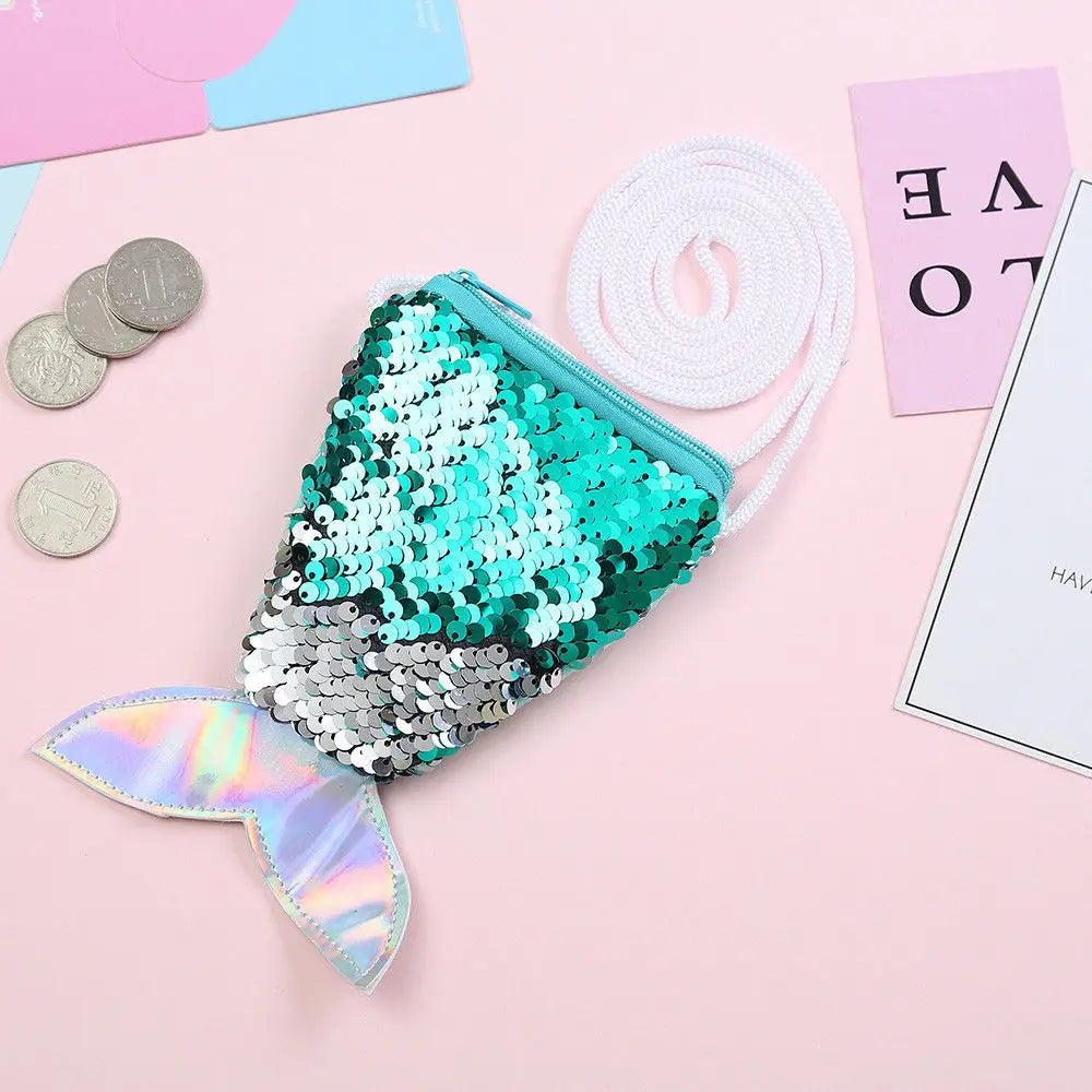 Girls Mermaid Tail Crossbody Coin Purse Wallet Card Holder in Various Colors
