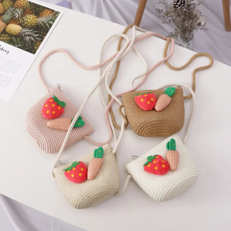 Girls Mini Flower Handbag Straw Rattan Woven Tote Small Shoulder Crossbody Bag