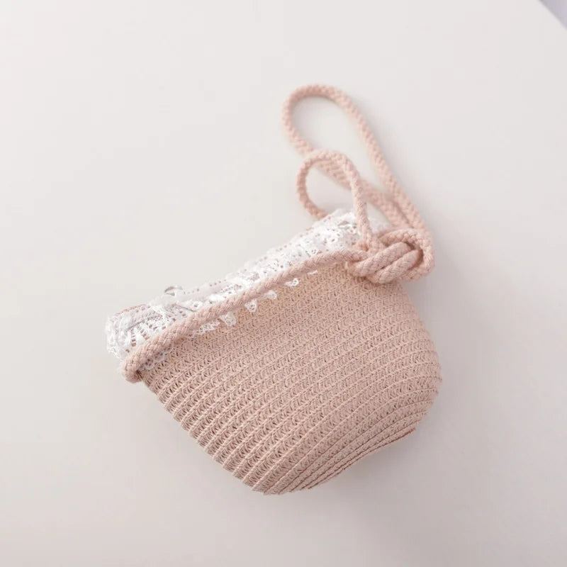Girls Mini Flower Handbag Straw Rattan Woven Tote Small Shoulder Crossbody Bag