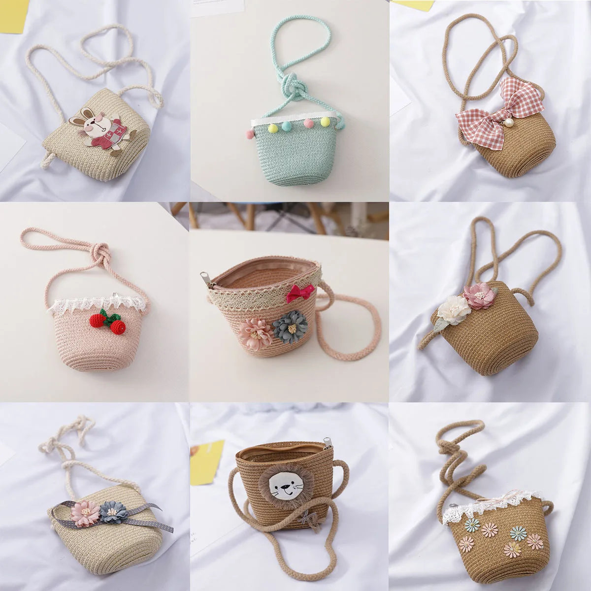 Girls Mini Flower Handbag Straw Rattan Woven Tote Small Shoulder Crossbody Bag