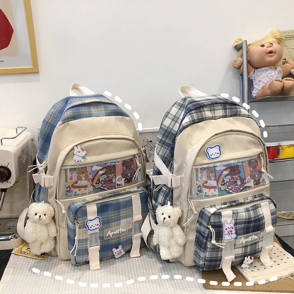 Girls Patchwork School Bag Plaid Large Capacity Rucksack Female Double Shoulders