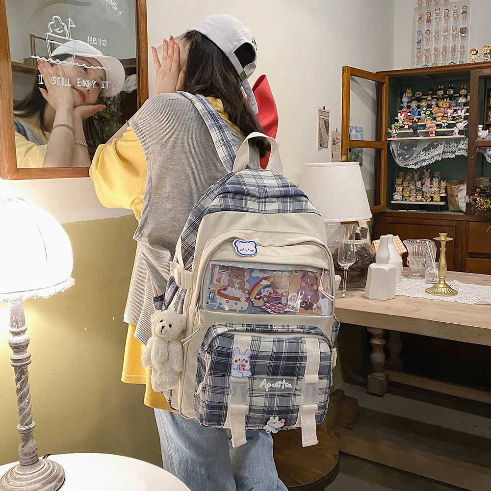 Girls Patchwork School Bag Plaid Large Capacity Rucksack Female Double Shoulders