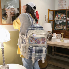 Girls Patchwork School Bag Plaid Large Capacity Rucksack Female Double Shoulders