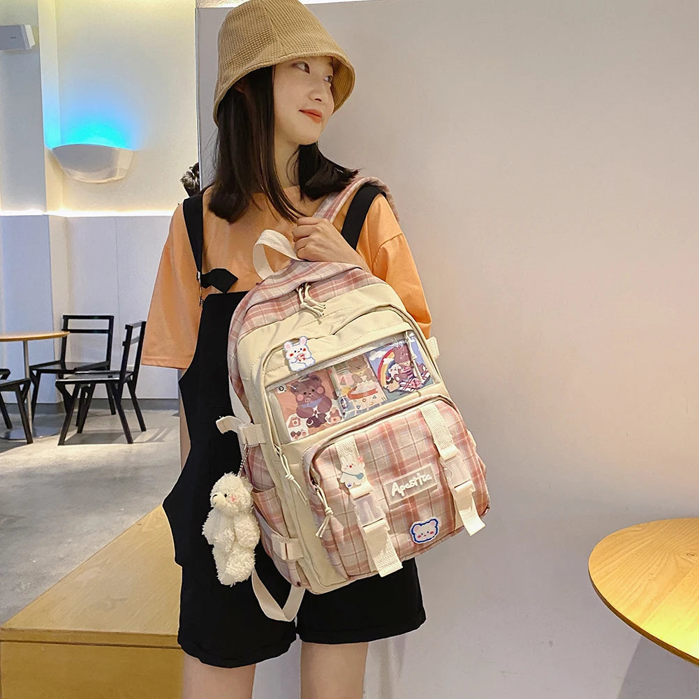Girls Plaid School Bag Large Capacity Rucksack