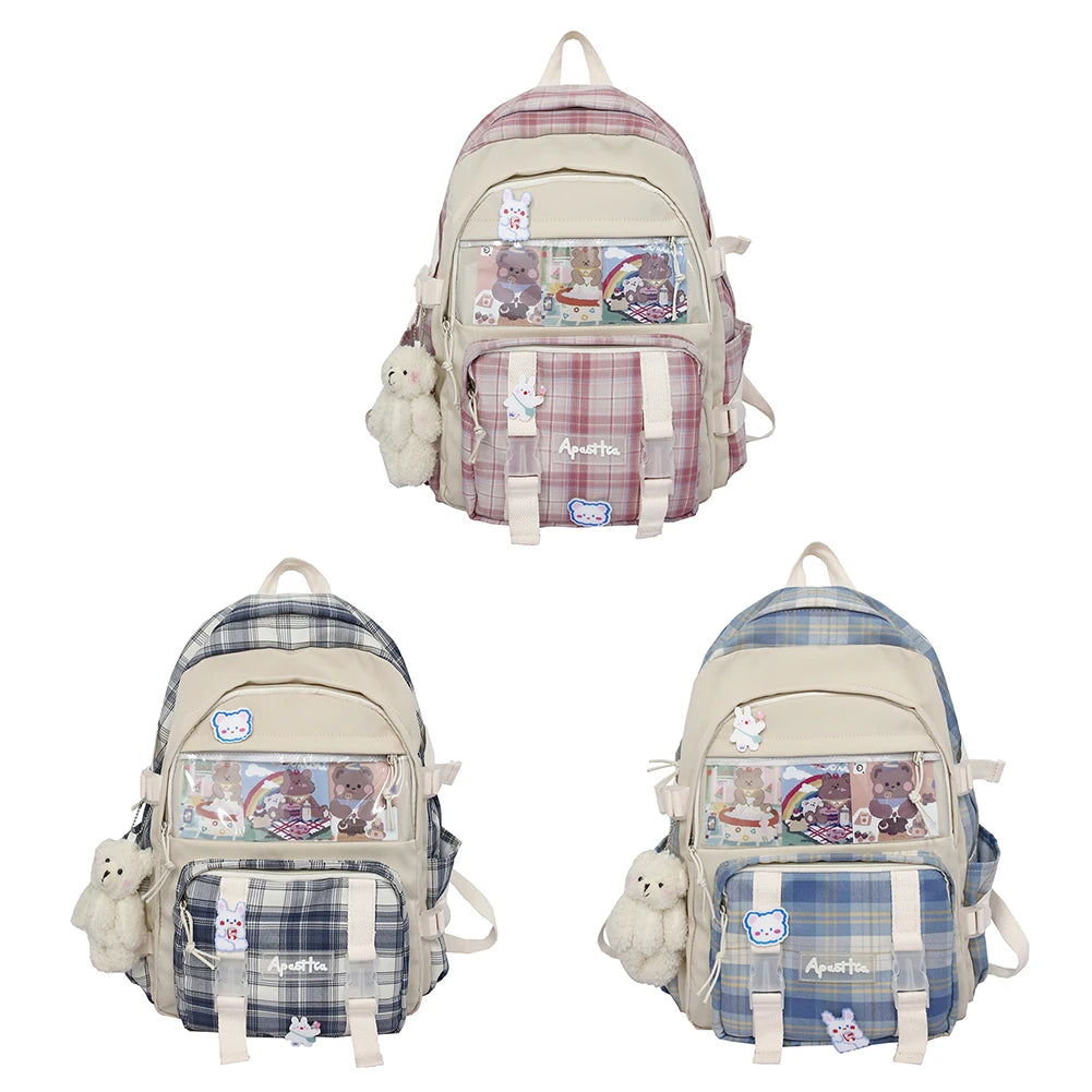 Girls Patchwork School Bag Plaid Large Capacity Rucksack Female Double Shoulders