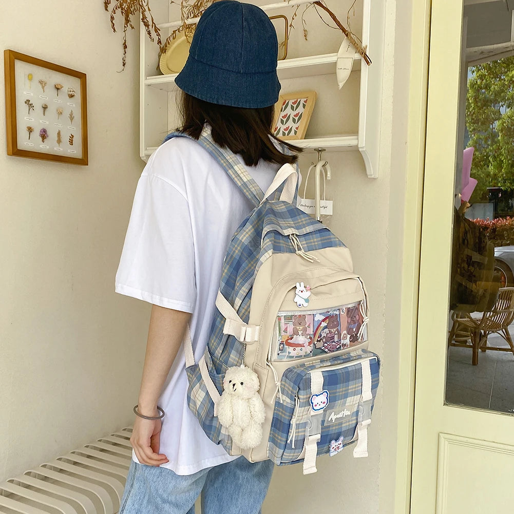 Girls Patchwork School Bag Plaid Large Capacity Rucksack Female Double Shoulders