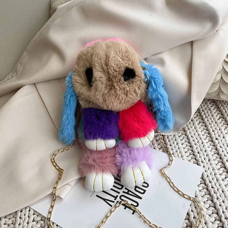 Girls Rabbit Faux Fur Backpack Bunny Hare Plush Doll Crossbody Handbag Satchel