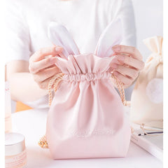 Girls Storage Bag Rabbit Fur Ball Drawstring Makeup Organizer