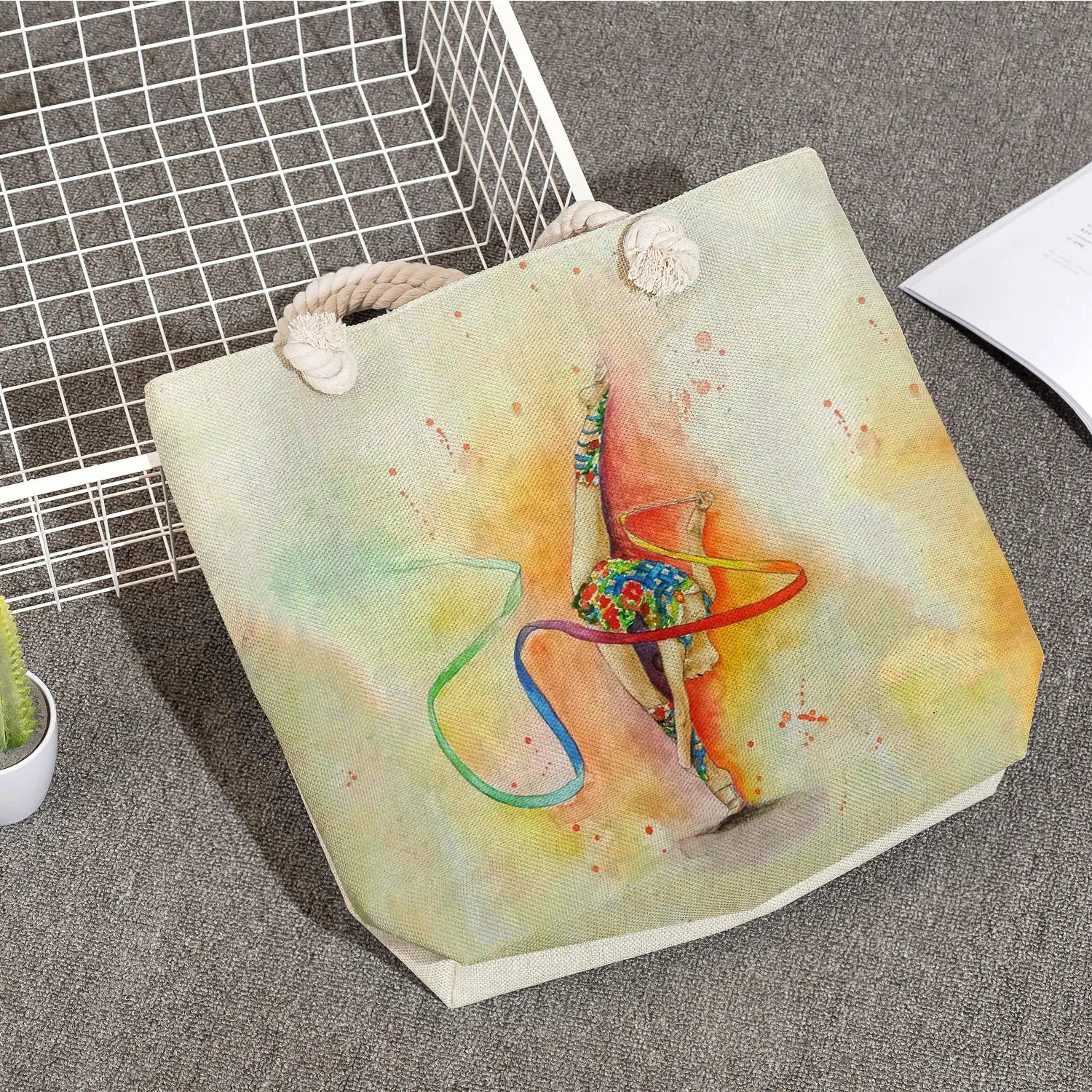 Watercolor Gymnastics Art Print Tote Bag - High Capacity Handbag for Women