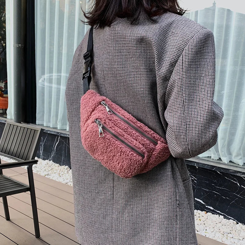 Women's Winter Lamb Wool Fanny Pack Crossbody Purse Plush Waist Bag
