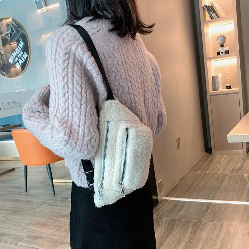 Women's Winter Lamb Wool Fanny Pack Crossbody Purse Plush Waist Bag