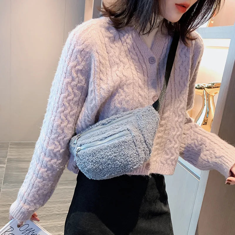 Women's Winter Lamb Wool Fanny Pack Crossbody Purse Plush Waist Bag