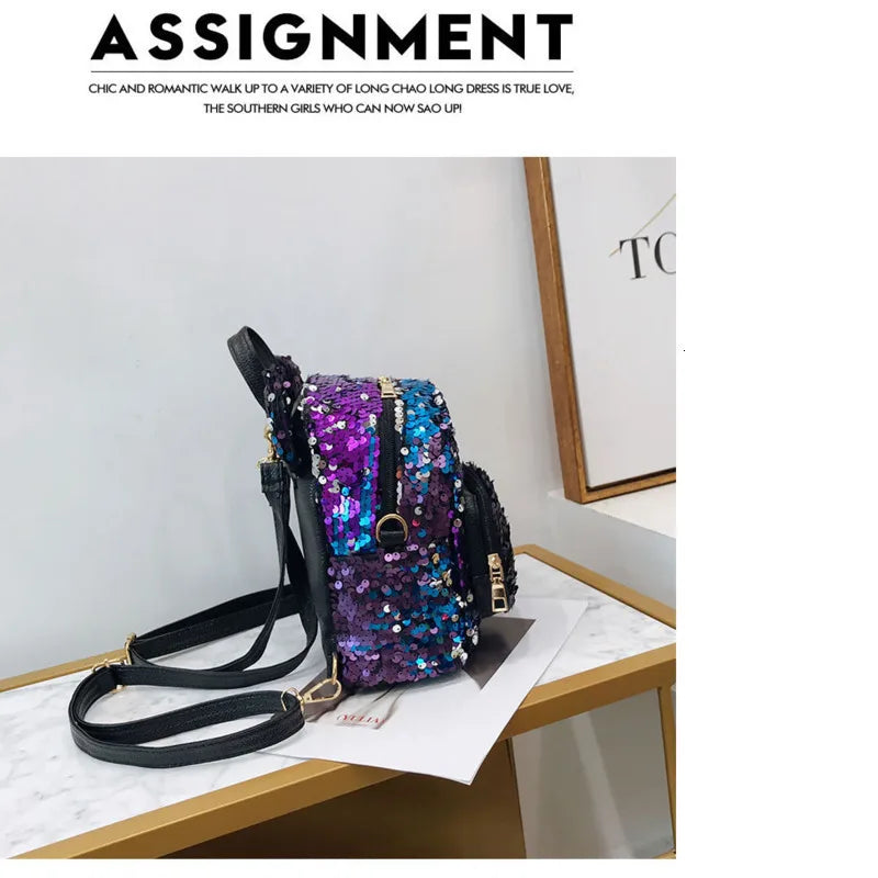 Glitter Women Sequins Backpack Ears Double Shoulder Bag Mini Bling Backpacks
