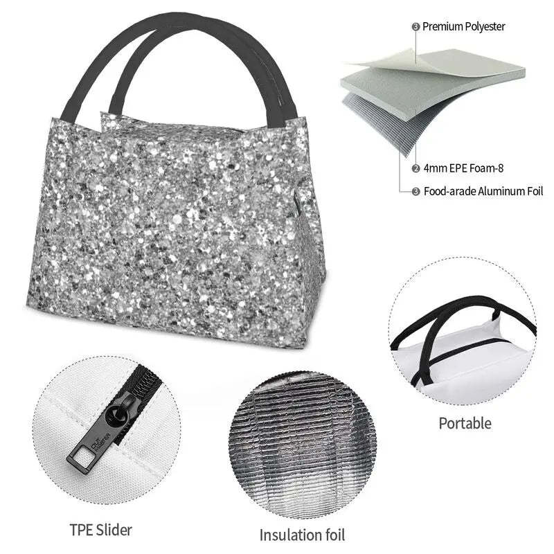 Glitters And Glitz Silver Insulated Lunch Bag for Women