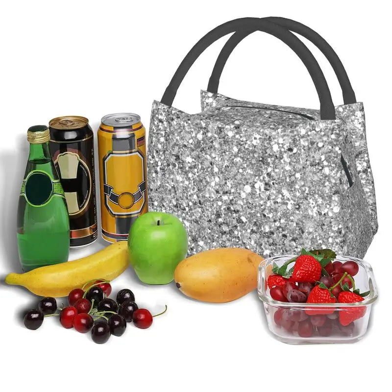 Glitters And Glitz Silver Insulated Lunch Bag for Women