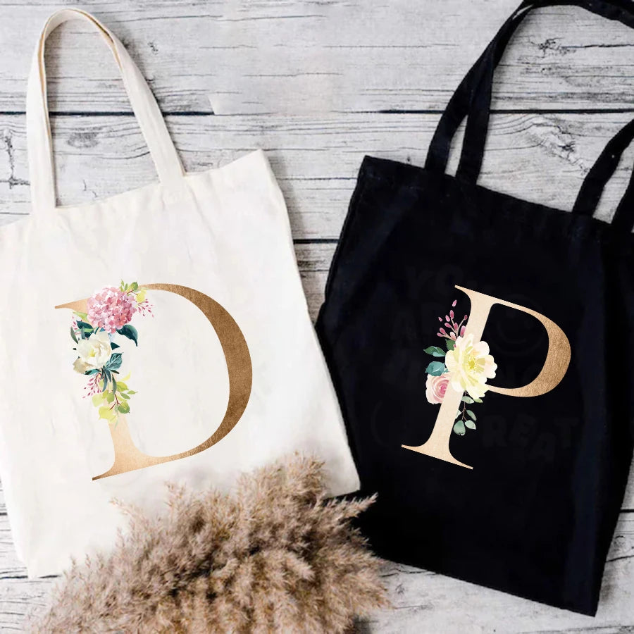 Alphabet Shoulder Bag Floral Letter Pattern Canvas Storage Bag