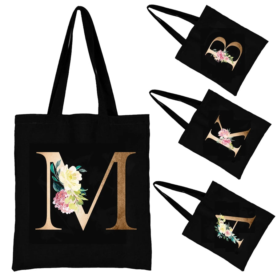 Alphabet Shoulder Bag Floral Letter Pattern Canvas Storage Bag