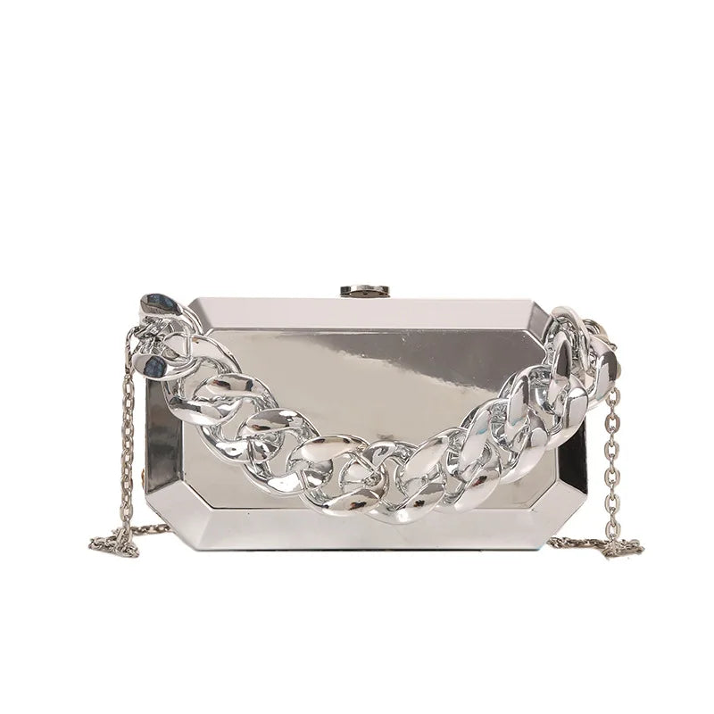 Silver Metal Box Bag For Women Dinner Bags High Shoulder Bags