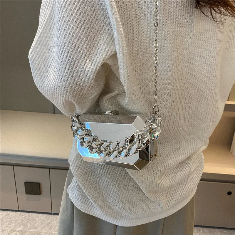Silver Metal Box Bag For Women Dinner Bags High Shoulder Bags