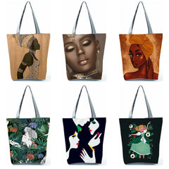 Golden Afro Woman Printed Handbags Pretty Shoulder Bag Eco Portable Shopping Bag