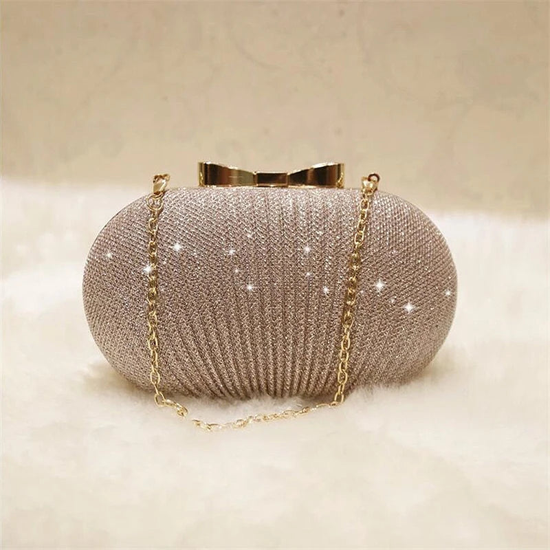 Golden Evening Clutch Bag Metal Bow Bridal Handbag Chain