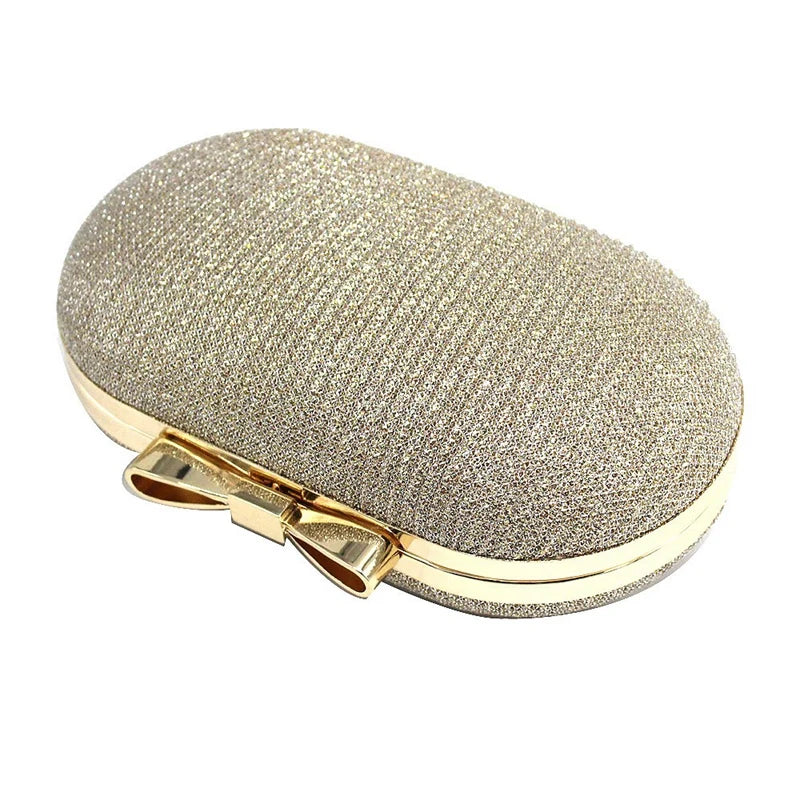 Golden Evening Clutch Bag Metal Bow Bridal Handbag Chain