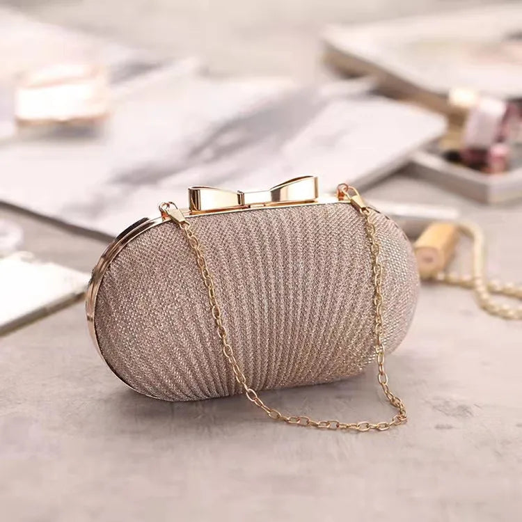 Golden Evening Clutch Bag Metal Bow Chain Shoulder Bag