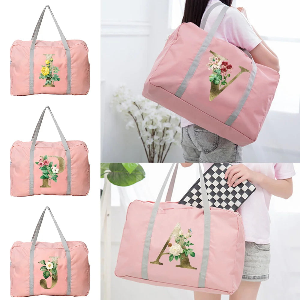 Golden Flower Letter Pattern Travel Bags Foldable Luggage Bag Unisex
